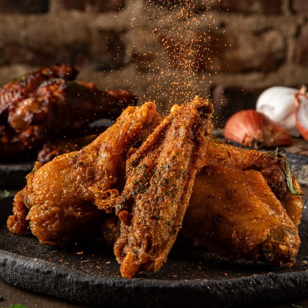 Crispy fried chicken wings being seasoned with spices, on a dark plate with a brick background.